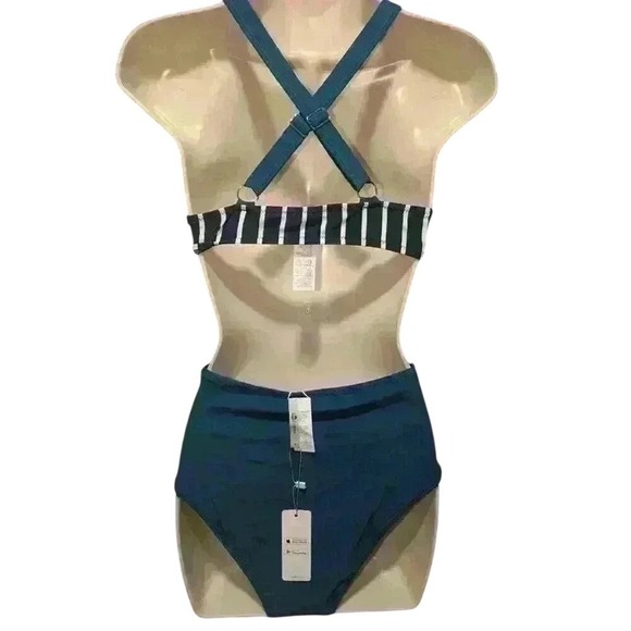 Cupshe Teal Striped Bikini Set High Waisted Two Piece Swimsuit Small - Picture 4 of 6